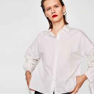 ZARA White Cotton Embroidered Button Down Shirt Blouse Puff Sleeve